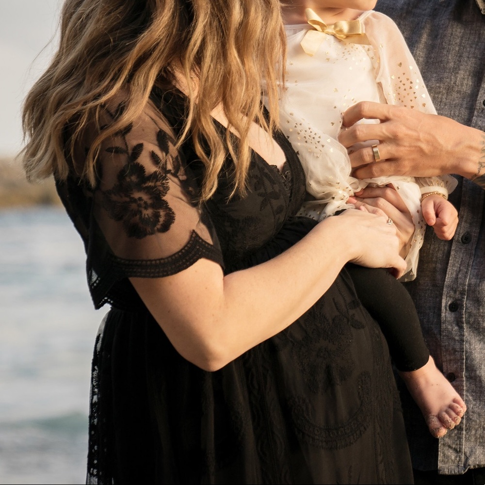 Black lace maternity dress. Pink blush. Size small